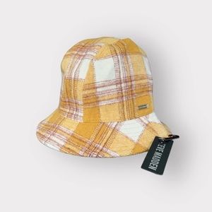STEVE MADDEN Bucket Hat Wool Blend Brushed Plaid Yellow Brown White Outerwear